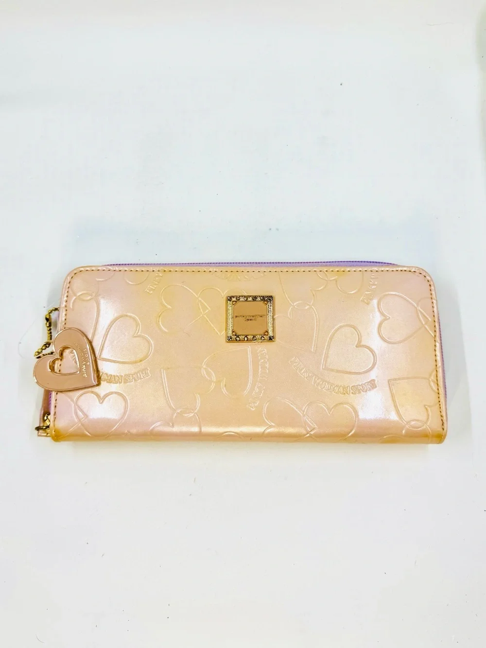 Pinky Wolman Full Sized Pink & Lavender Heart-Embossed Zip Around Wallet W/Charm